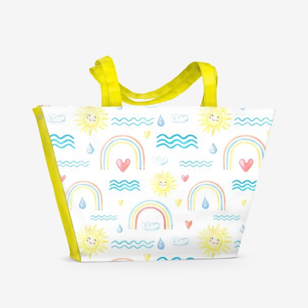 Пляжная сумка «Радуга, солнце, волны и сердечки.»