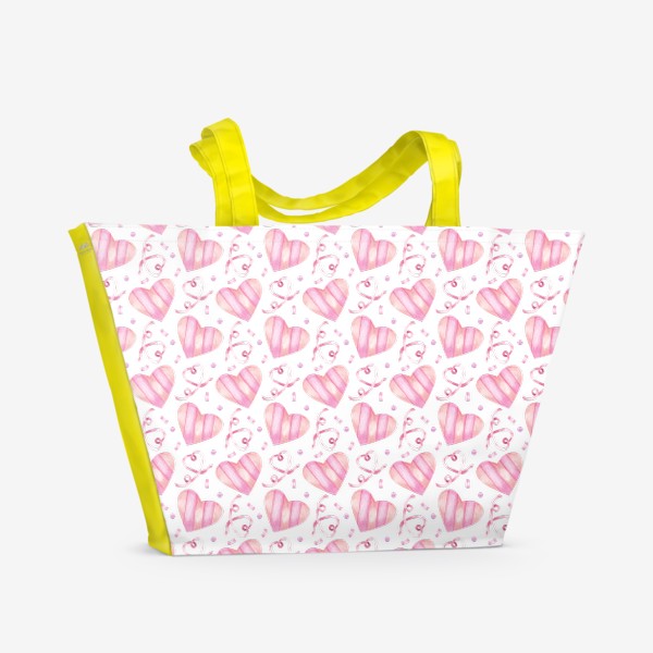 Пляжная сумка &laquo;Нежный орнамент с розовыми сердечками, лентами и конфетти &raquo;