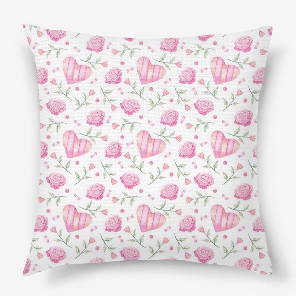 Подушка «Нежный паттерн в розовых тонах с цветами и сердечками»