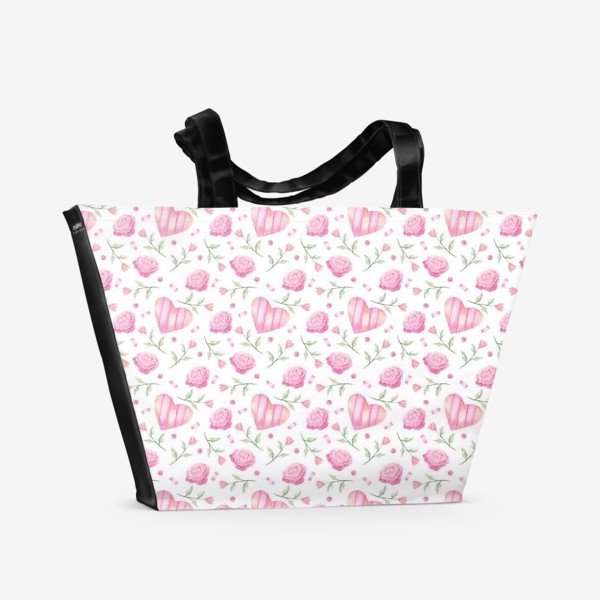 Пляжная сумка «Нежный паттерн в розовых тонах с цветами и сердечками»