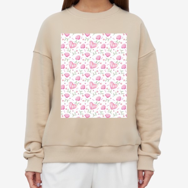 Свитшот «Нежный паттерн в розовых тонах с цветами и сердечками»