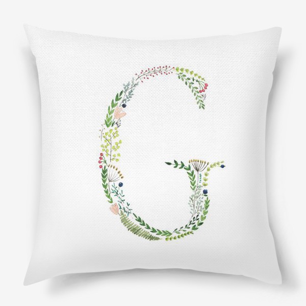 Подушка «Буква G из веточек, листиков, цветов и ягод.»