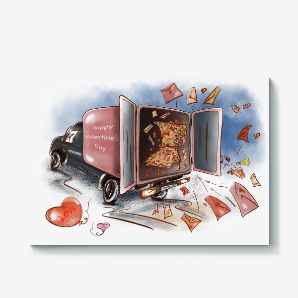 Холст «День влюбленных. Почтовая машина с валентинками»