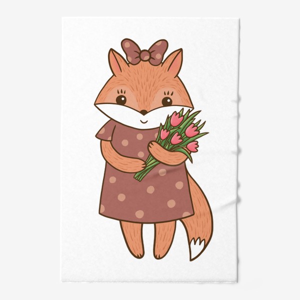 Полотенце «Милая лиса с букетом тюльпанов»