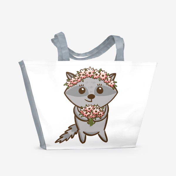 Пляжная сумка «Милый енот в цветочном венке с букетом»