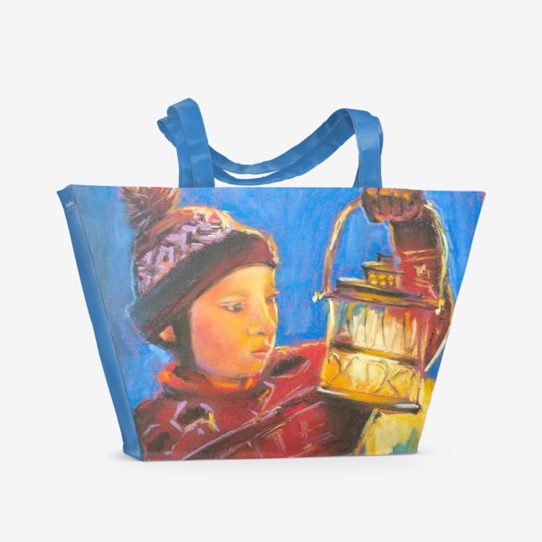 Пляжная сумка «Мальчик с фонариком Портрет Рождественское чудо Пастель»