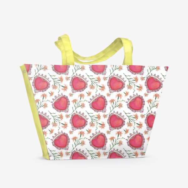 Пляжная сумка «Орнамент с сердцами и лилиями»