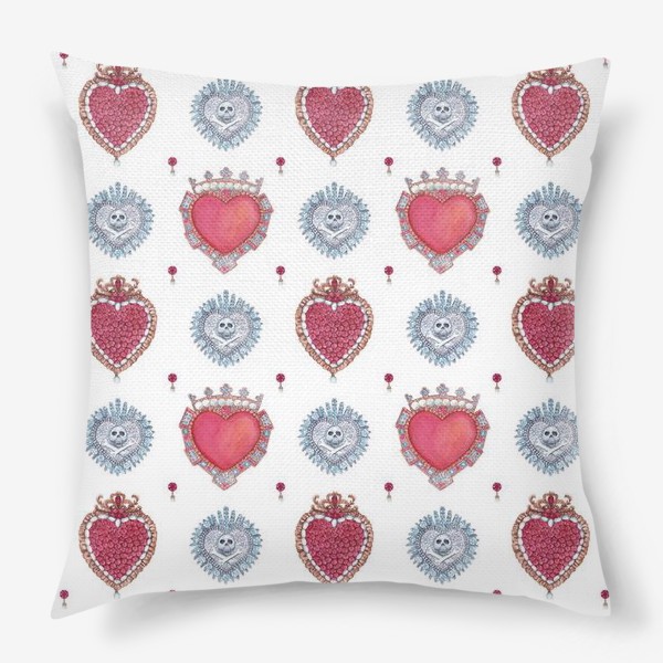 Подушка «Акварельный паттерн с винтажными украшениями в форме сердца»