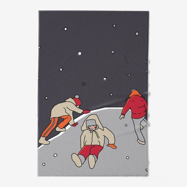 Полотенце &laquo;Зимние забавы. Царь горы. Ночь. Детская иллюстрация.&raquo;