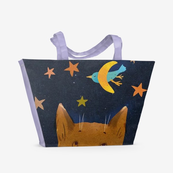 Пляжная сумка «Котенок ночью смотрит на птицу-месяц»