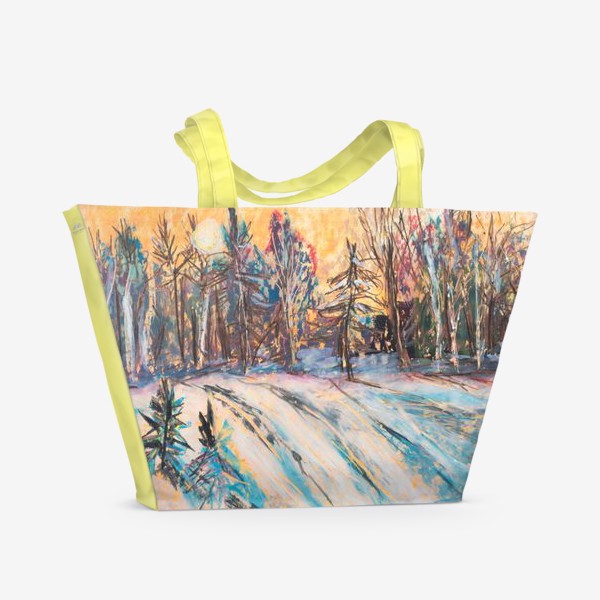 Пляжная сумка «Зимний лес Закат Пейзаж Пастель»