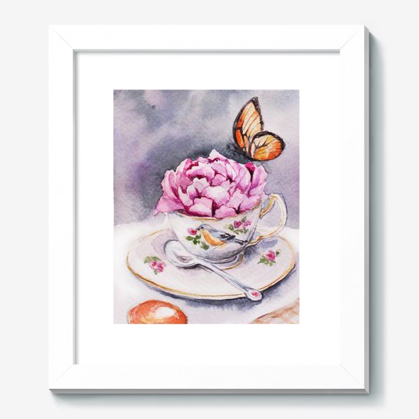 Картина «Утренний кофе с пионом и бабочкой»