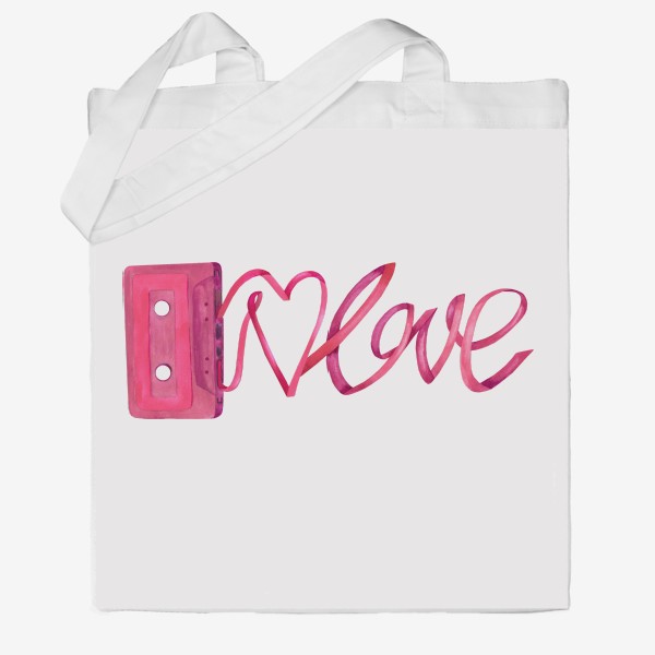Сумка хб «Розовая винтажная касета с надписью love и сердцем»