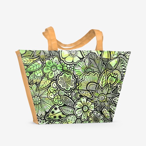Пляжная сумка «Зеленый паттерн, цветы и ягоды»