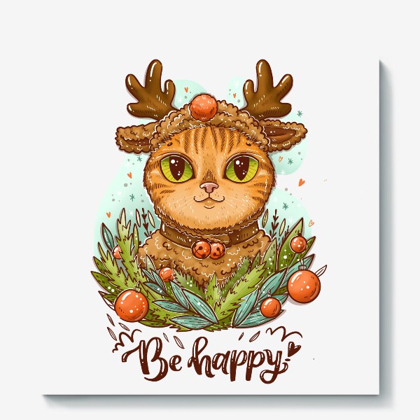 Холст «Новогодний котик в шапке оленя. С бубенчиками на шее. Be happy»