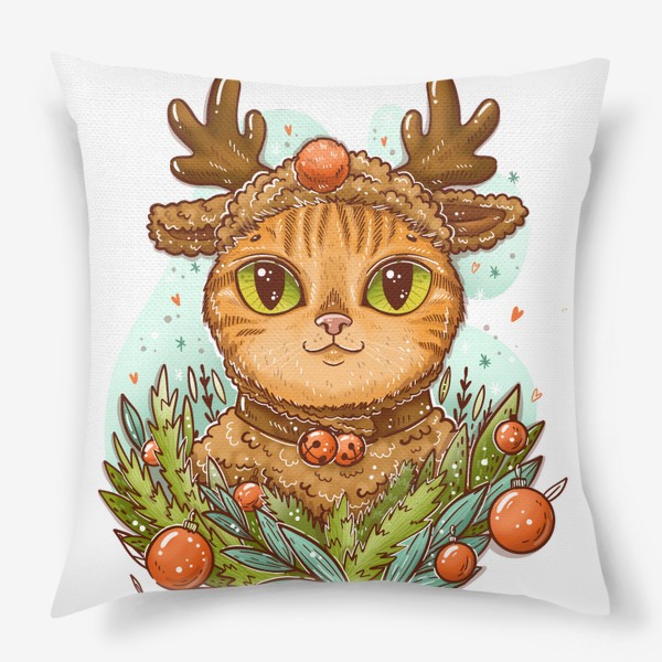 Подушка «Новогодний котик в шапке оленя. С бубенчиками на шее. Be happy»