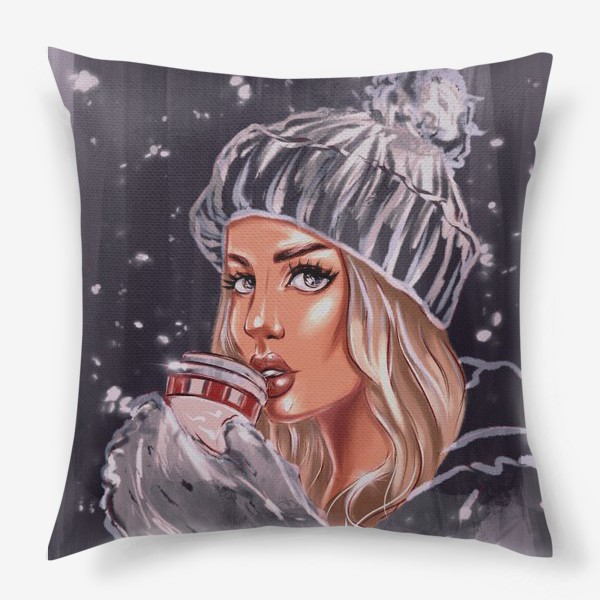 Подушка «Девушка Зима. Fashion Иллюстрация. Кофе тайм.»