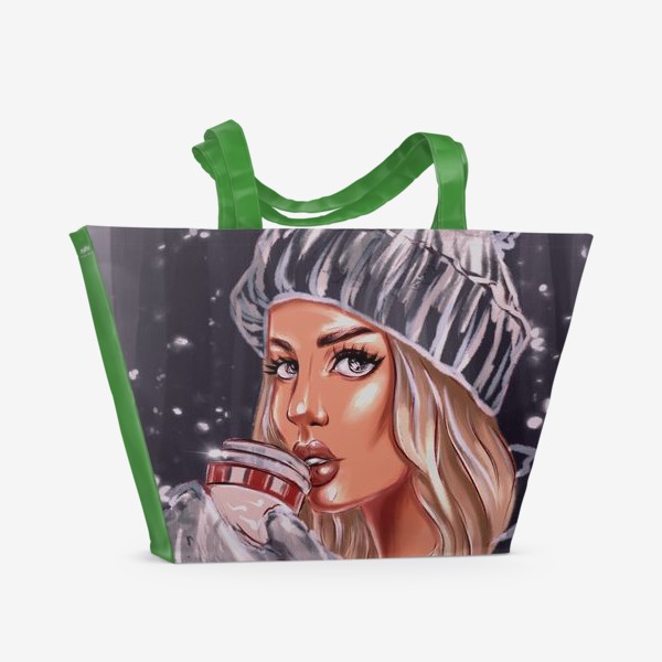Пляжная сумка «Девушка Зима. Fashion Иллюстрация. Кофе тайм.»