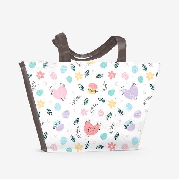 Пляжная сумка «Милые курочки, яйца и куличи. Пасхальный узор»