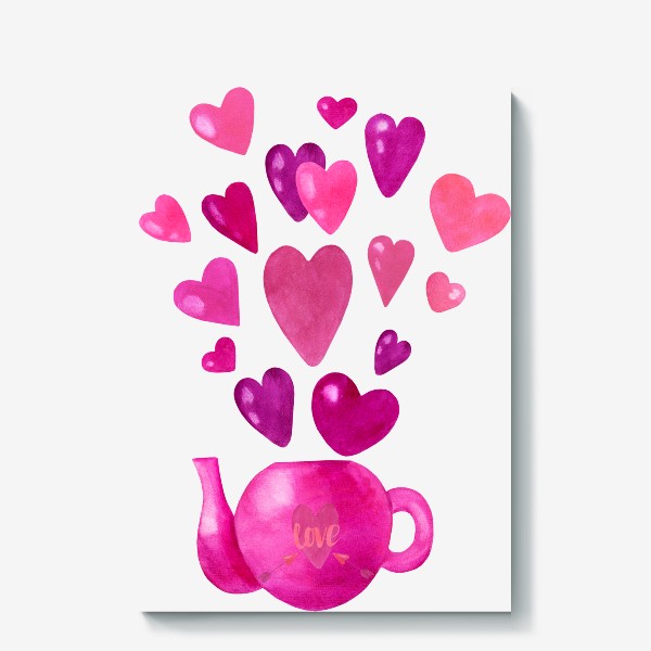 Холст «Розовый чайник с любовью и сердечками »
