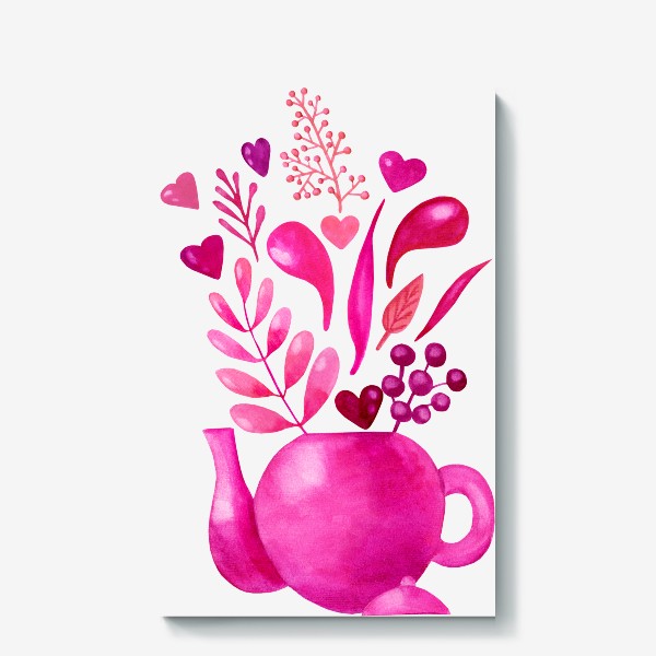 Холст «Розовый чайник с розовыми растениями и надписью любовь - love»