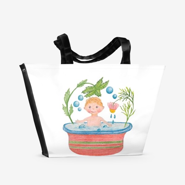 Пляжная сумка «Иллюстрация малыш в ванне цветными карандашами »