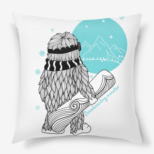 Подушка «Зима. Сноуборд и снежный человек.»