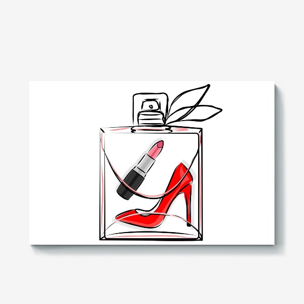 Холст «Подарки для девушки. Духи, парфюм, помада, туфли на каблуке в прозрачном флаконе»