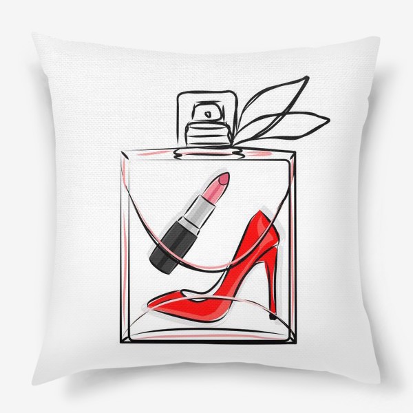 Подушка «Подарки для девушки. Духи, парфюм, помада, туфли на каблуке в прозрачном флаконе»