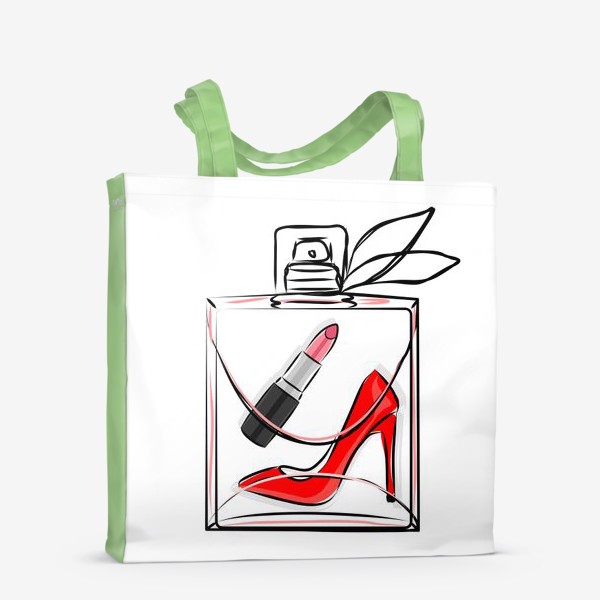 Сумка-шоппер «Подарки для девушки. Духи, парфюм, помада, туфли на каблуке в прозрачном флаконе»