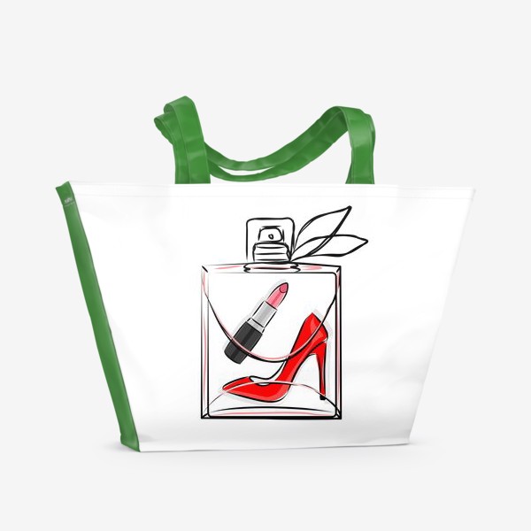 Пляжная сумка «Подарки для девушки. Духи, парфюм, помада, туфли на каблуке в прозрачном флаконе»