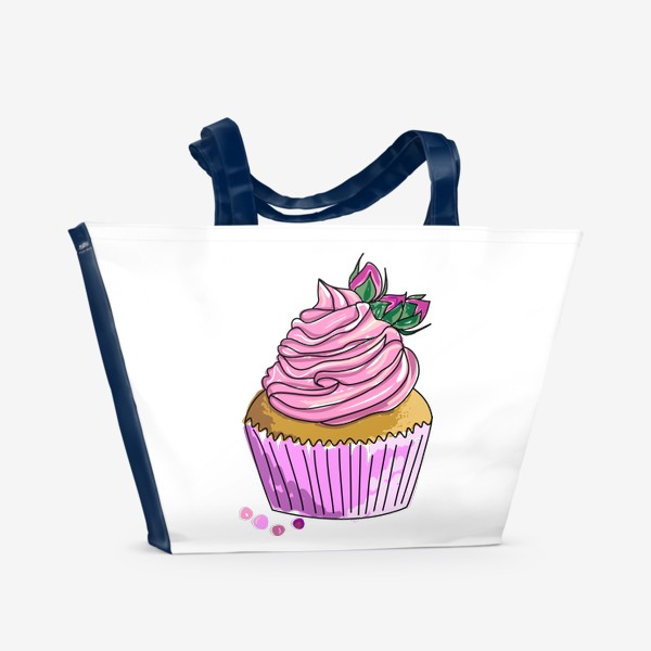 Пляжная сумка «Капкейк с розочками. Кекс с кремом и бутонами цветов. Пирожное. Сладости»