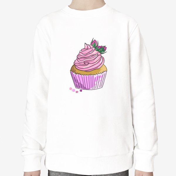 Свитшот «Капкейк с розочками. Кекс с кремом и бутонами цветов. Пирожное. Сладости»