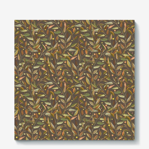 Холст «Акварельные веточки с листьями на серо-коричневом фоне»