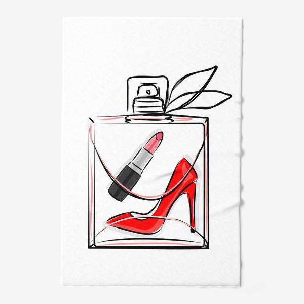 Полотенце «Подарки для девушки. Духи, парфюм, помада, туфли на каблуке в прозрачном флаконе»