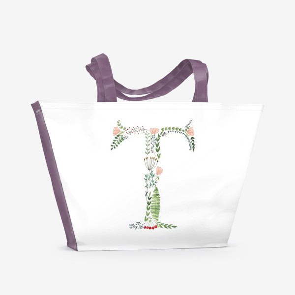 Пляжная сумка «Буква Т из веточек, листиков, цветов и ягод.»