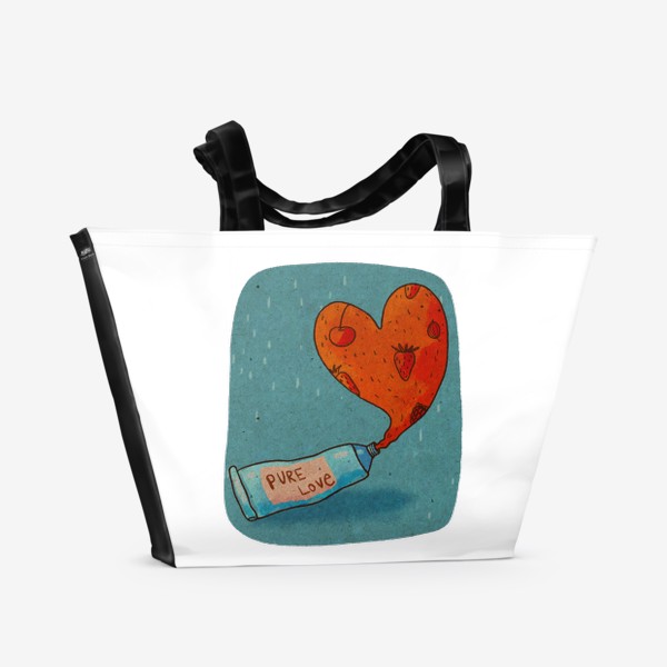 Пляжная сумка &laquo;Тюбик, из которого вытекает ягодное пюре в форме сердца. Надпись PURE LOVE&raquo;