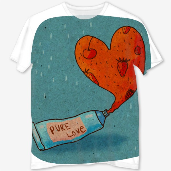 Футболка с полной запечаткой «Тюбик, из которого вытекает ягодное пюре в форме сердца. Надпись PURE LOVE»