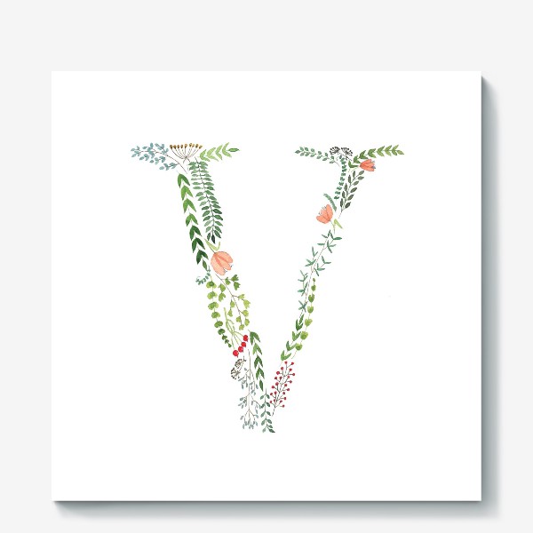 Холст «Буква V из листиков, веточек, ягод и цветов.»
