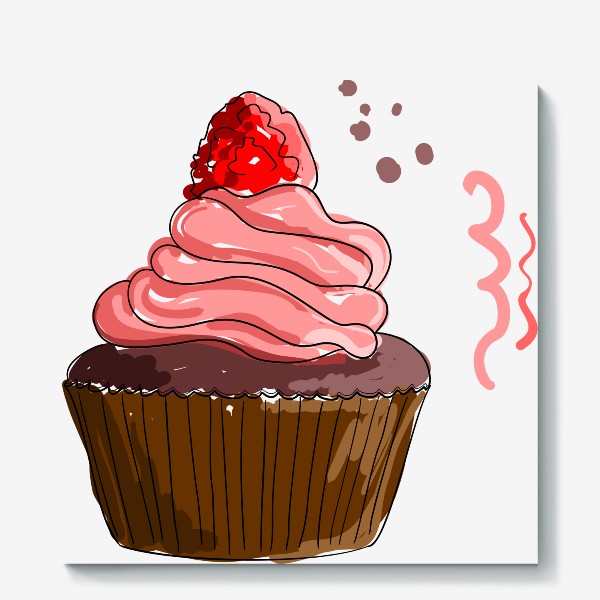 Холст «Кекс с розовым кремом и малиной. Капкейк с ягодами и шоколадом»