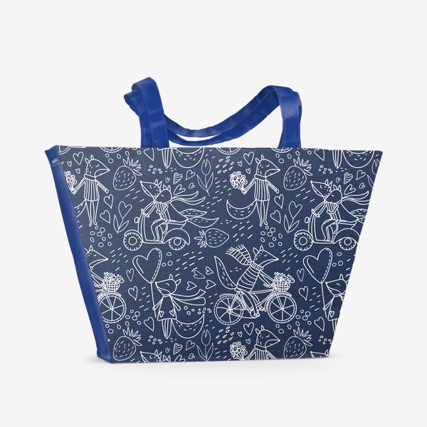 Пляжная сумка &laquo;Влюбленные лисички в стиле дудл на темно-синем фоне (от volnata)&raquo;