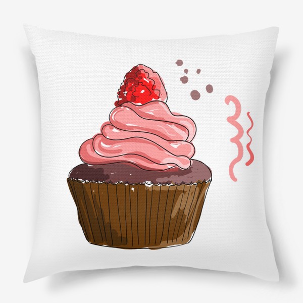Подушка «Кекс с розовым кремом и малиной. Капкейк с ягодами и шоколадом»