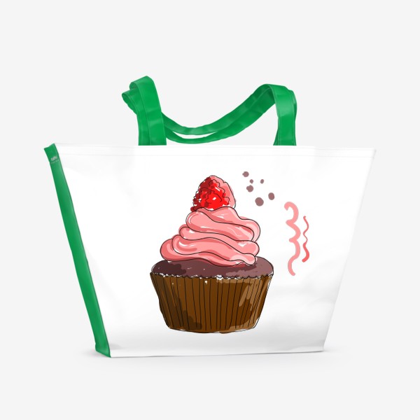 Пляжная сумка «Кекс с розовым кремом и малиной. Капкейк с ягодами и шоколадом»