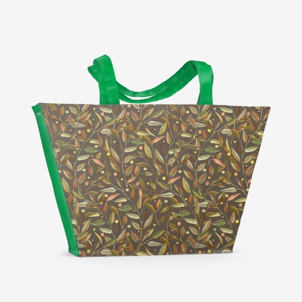 Пляжная сумка &laquo;Акварельные веточки с листьями на серо-коричневом фоне&raquo;