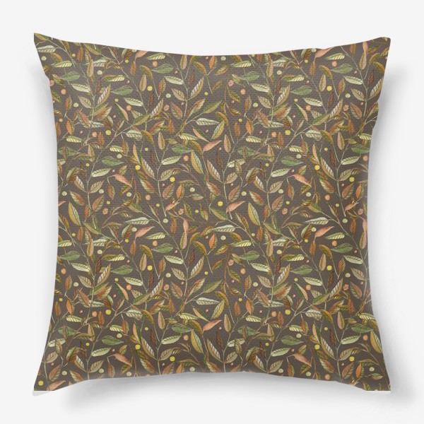 Подушка &laquo;Акварельные веточки с листьями на серо-коричневом фоне&raquo;