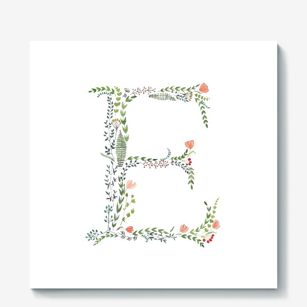 Холст «Буква Е из веточек, листиков, ягод и цветов.»