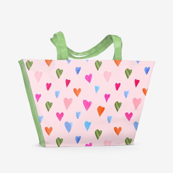 Пляжная сумка &laquo;Нежные акварельные сердечки на розовом фоне из серии "Влюбленные лисички" (от volnata)&raquo;