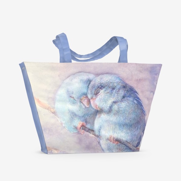 Пляжная сумка «Попугайчики, тепло, любовь, синий»