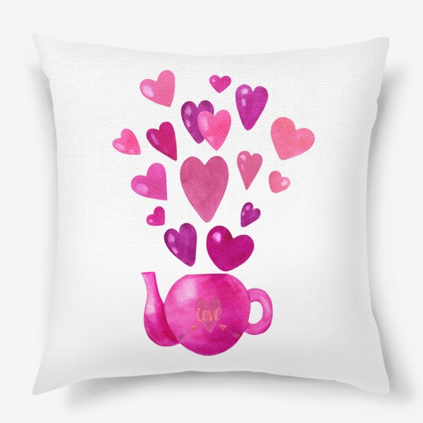 Подушка &laquo;Розовый чайник с любовью и сердечками &raquo;