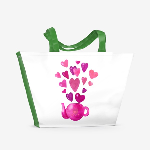Пляжная сумка &laquo;Розовый чайник с любовью и сердечками &raquo;